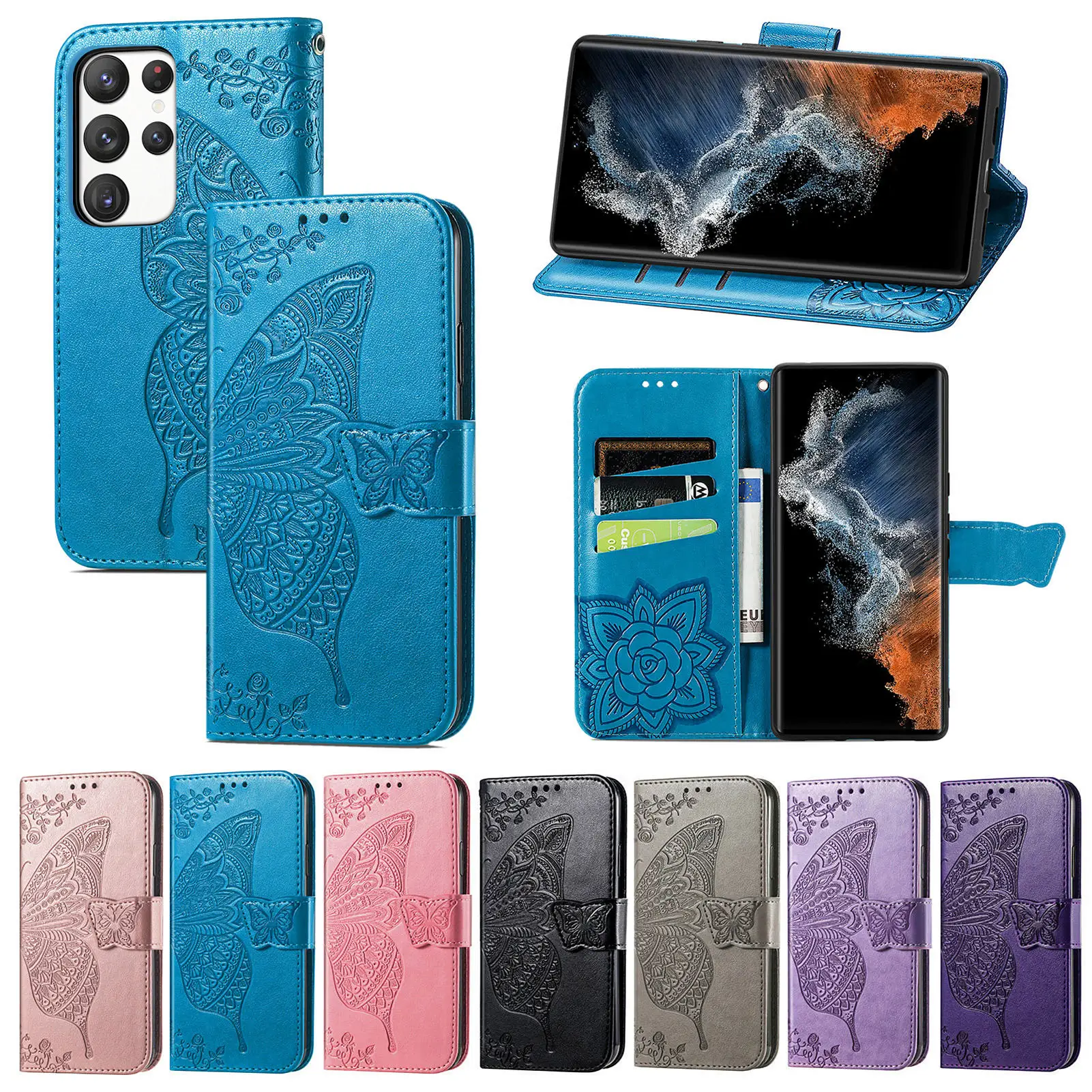 Envío directo de fábrica Funda de cuero de alta calidad Funda tipo billetera Patrón de mariposa Correa de muñeca para Samsung Galaxy S24 s23 S22 ultra