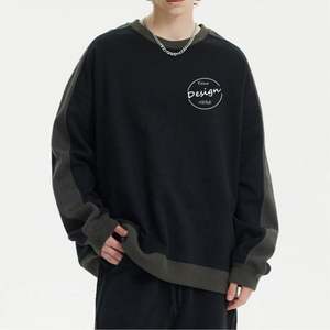 Custom Logo O Neck Drop Shoulder <b>Black</b> Hoodie Heavyweight 100 Cotton Pullover Blank Unisex Oversized Splice <b>Sweatshirt</b> - Product Image 6