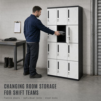 Armoire de rangement en acier blanc et noir à 12 portes avec serrures à poignée verticale pour bureaux, usines et vestiaires