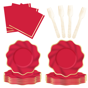 DAMAI Party Supply Custom Red Wave-shaped Gold Hot Stamping Paper Tableware Set Disposable Plate Cup Napkin for Party Decor - Product Image 3