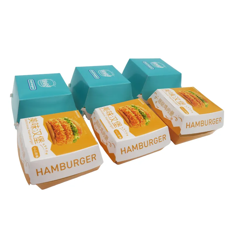 Scatola di hamburger all'ingrosso confezione di fast food custom hamburger sandwich scatola di carta biodegradabile usa e getta hamburger porta via scatola