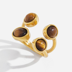 Geometric Tiger's Eye <b>Open</b> <b>Ring</b> 18K Gold Plated Bezel Setting Women's Fashion Jewelry Gift - Product Image 1