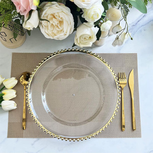 Assiettes <span class=keywords><strong>de</strong></span> présentation rondes en <span class=keywords><strong>verre</strong></span> acrylique doré perlé <span class=keywords><strong>de</strong></span> 13 pouces pour mariage, accessoires <span class=keywords><strong>de</strong></span> <span class=keywords><strong>cuisine</strong></span> tendance, vente en gros - Product Image 1