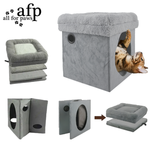 All for Paws Promotion : Château pour chat 2-en-1 pliable gris/beige en fausse fourrure d'agneau, avec boîte <span class=keywords><strong>de</strong></span> rangement intégrée, pour l'intérieur et le jeu des petits animaux - Product Image 2