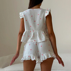 Ensemble de pyjama en coton personnalisé pour femmes, haut à manches courtes et short, doux, respirant, confortable, vêtements de détente printemps-été - Product Image 4