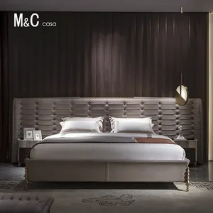 Gülağacı hakiki deri bakır bacak lüks mobilya yatak odası takımları king-size yatak katı ahşap çerçeve döşemeli çift kraliçe yatak