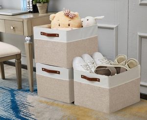 Modern 12 Inch <b>Storage</b> Bins 4PCs Fabric Cubes Handles Sturdy Collapsible Closet <b>Storage</b> Organizer 25L Capacity Cotton Linen EVA - Product Image 5