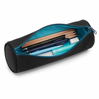 Étui à crayons cylindrique noir en toile avec fermeture éclair bleue et doublure turquoise pour l'école et le bureau