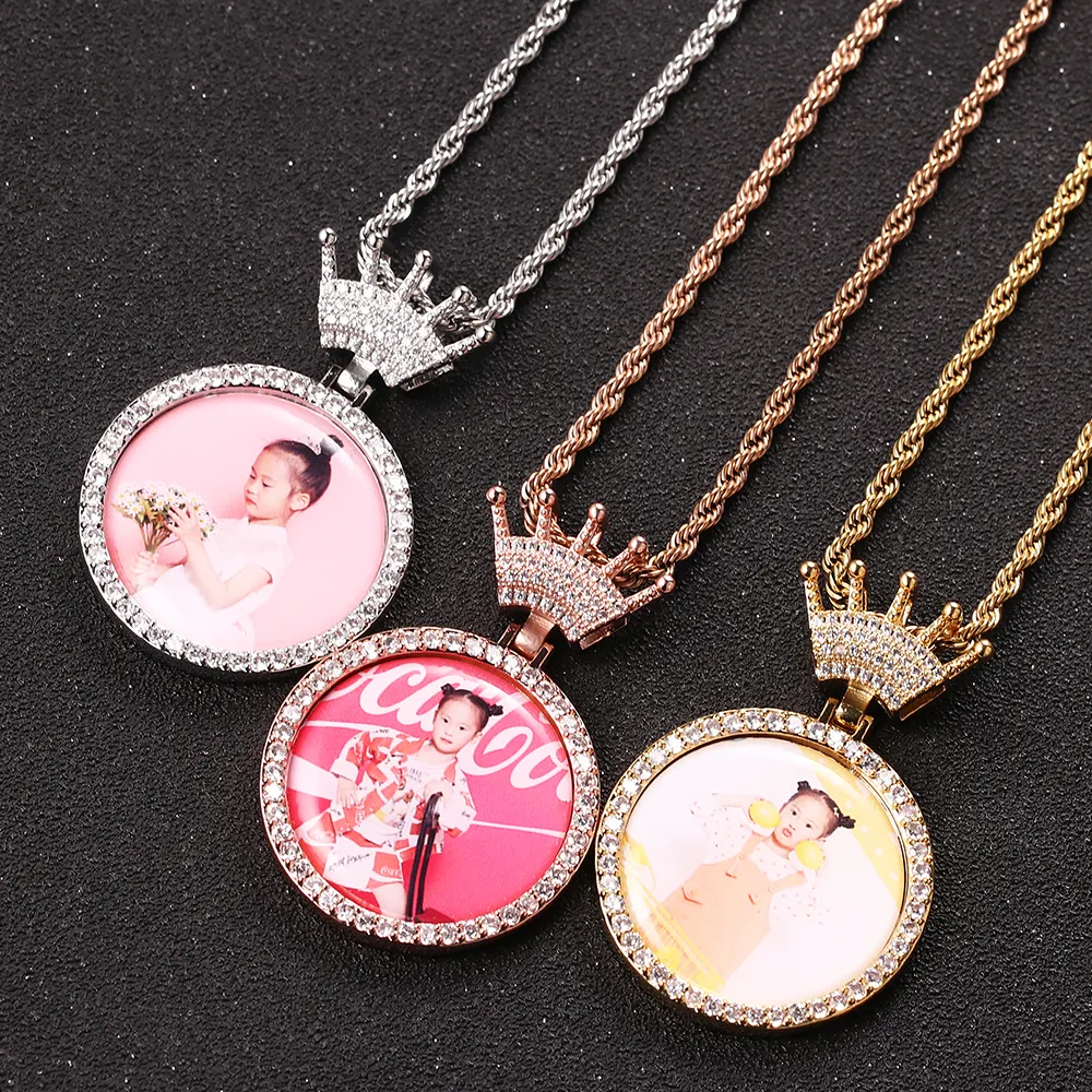 INS Creative Crown Pendant Necklace DIY Zircon Photo Frame Pendant Men And Women Hip-hop Commemorative Necklace