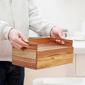 Boîte de rangement en bois avec tiroir pour dosettes de thé et de café, capacité 12L, couleur marron, organiseur de bureau avec poignées - Product Image 2