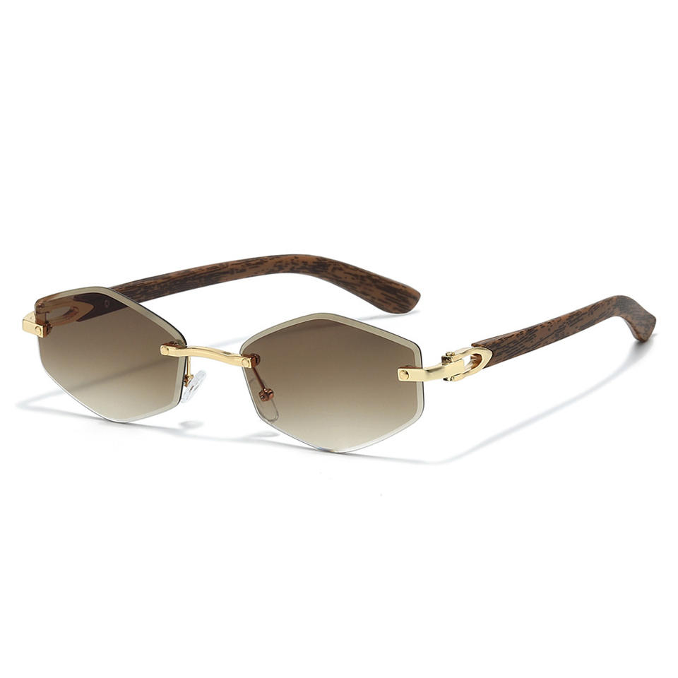 Luxury Rimless Hexagon Sunglasses Men Women Vintage Wood Grain Temple ...