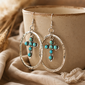 Orecchini Pendenti Vintage con Croce in Turchese, Ornamenti per Orecchie in Argento Anticato dal Design Audace - Product Image 6