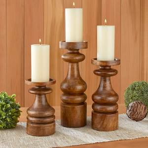 Classic Turned Wood Pillar Candle Holder Set of 3 <b>Rustic</b> Round Candle Stands for Home Wedding Christmas Decor - Product Image 1