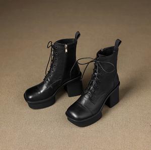 Botas de cuero versátiles, cómodas y a la moda, con plataforma y cordones, de piel de vaca lavada a capas. - Product Image 1