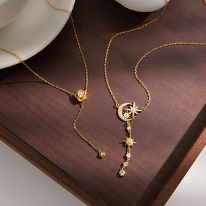 Collares Románticos de Cadena con Eslabones de Flores y <span class=keywords><strong>Luna</strong></span> de Circonio, Chapados en Oro de 18K, de Acero Inoxidable para Mujer, N669 - Product Image 4