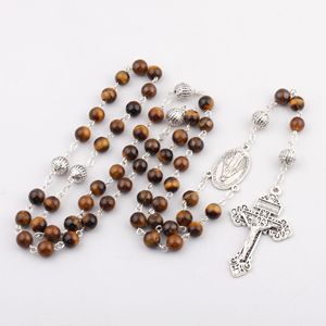 Bijoux religieux pour hommes, perles en pierre naturelle œil de tigre, chapelet catholique avec médaille de la Vierge Marie et croix de Jésus - Product Image 1