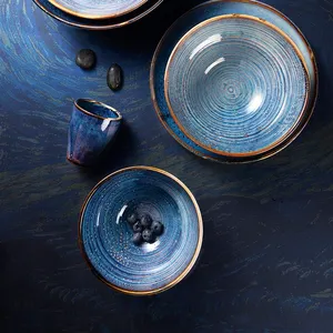 Conjunto de talheres de cerâmica colorido, conjunto de louças de cerâmica para jantar russo, conjuntos de luxo, louças de porcelana azul