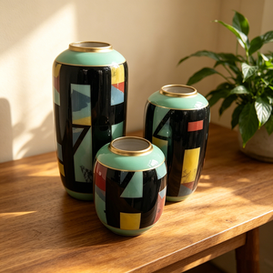 <span class=keywords><strong>Set</strong></span> di Vasi in Ceramica con Motivo Geometrico Astratto Moderno e Bordo Verde - Product Image 6