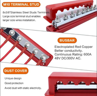 Barre de bus à courant élevé 600A 300V AC / 48V DC 8 voies 3/8\" (M10) goujons Bloc de distribution électrique de câblage avec couvercle