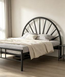 Black Metal <b>Platform</b> <b>Bed</b> <b>Frame</b> Round Headboard Bedstead for Hotel Apartment Guest Room - Product Image 1