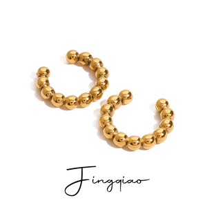 Yueli Geometric Beaded C-shaped <b>Clip</b>-on Earrings 18k Gold Stainless Steel Party Fashion Jewelry - Product Image 1