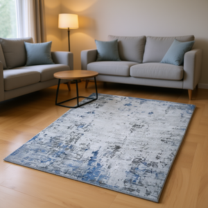 Tappeto astratto D0100H5GD7T 5X7 rettangolare argento blu elegante, anti-pelo, antimacchia per casa, ufficio, soggiorno - Product Image 2