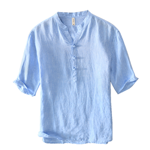 Camiseta de Manga Corta para Hombre, 100% Lino, Cuello en V, Tejido Informal, Liso, Teñido, Popular en Verano, Gran Venta - Product Image 1
