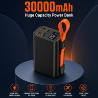 Batterie externe haute capacité 30000mAh 100W à charge rapide avec affichage numérique et sangle en caoutchouc pour l'extérieur, logo OEM personnalisé, vente en gros