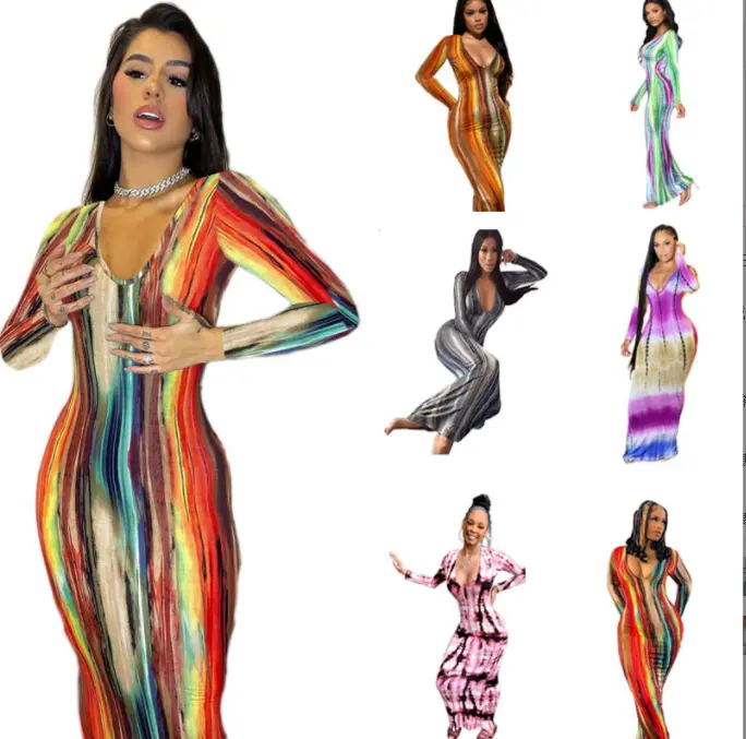 2022 Summer Off Shoulder Tie Dyed Printed Casual Dresses Clubwear Party Elegant Sexy maxi strapless bodycon dress for women