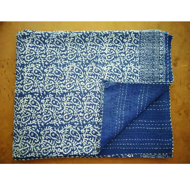 Blauwe Denim Stijl Indigo Kleurstof Kantha Katoenen Deken Gooien Bedsprei Bohemian Beddengoed Dekbed Kerst Hotel Quilt