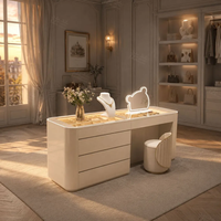 Table de toilette moderne en pin massif style crème avec miroir éclairé et tiroirs double face
