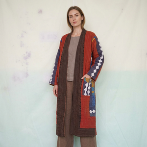 Handmade Nonwoven <b>Quilted</b> Cotton Kantha <b>Jacket</b> Japanese Kimono Style Winter Wrap Coat Floral <b>Pattern</b> Long Length Patchwork - Product Image 1