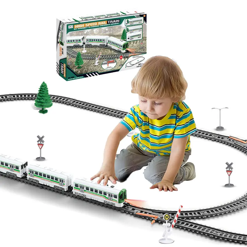 Plastik çocuk hediye elektrikli demiryolu tren seti çocuklar oyuncak tren parçaları işık ve ses ile