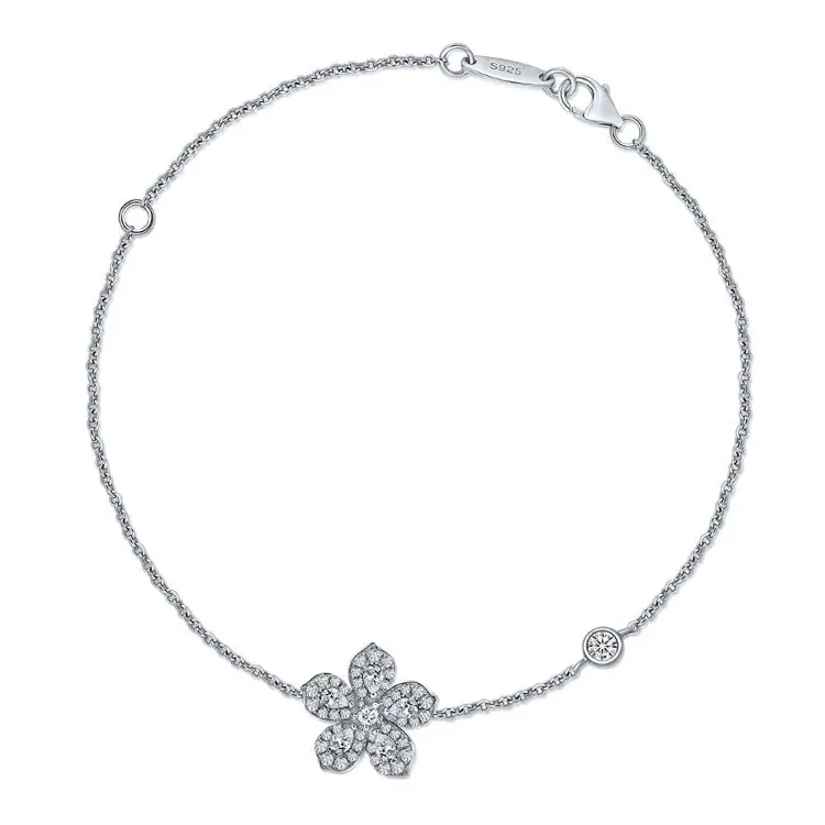 Mewah S925 perak bulat karbon tinggi berlian tangan Wanita Perhiasan 16 + 3cm sederhana serbaguna manis bunga gelang