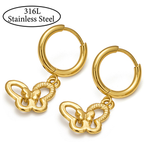 ต่างหูห่วงสแตนเลสสตีลสีทองแบบย้อนยุคต่างหูผีเสื้อชุบทอง18K 316L ขายส่ง - Product Image 1