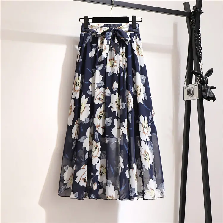 Zomer Dames Geplooide Rokken Vintage Bloemen Chiffon Rok Vakantie Strand Casual A-Line Dames Lange Rok