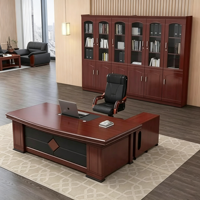 Bureau de direction en bois, grand bureau en forme de L, bureau de manager en bois massif avec armoire latérale, coussin en cuir, mobilier de bureau