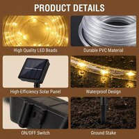 Guirlande lumineuse solaire LED tubulaire étanche IP65 pour extérieur, décoration féerique pour patio, jardin, mariage, fête, vacances, à suspendre au mur