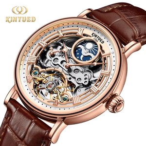 Drop Shipping KINYUED Men's Mechanical <b>Watch</b> <b>Skeleton</b> Dial Moon Phase Genuine Leather Band Waterproof 3BAR Luminous Display - Product Image 1