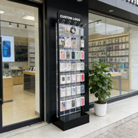 Plancher personnalisé 360 °   Supports d'affichage pour téléphones avec logo LED en acrylique, accessoires mobiles avec crochets, supports de charge et câbles – Vente en magasin