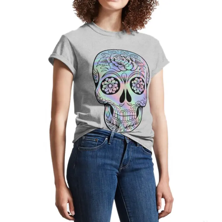 Camiseta de algodón con Logo personalizado, camiseta de Hip Hop Unsix con estampado holográfico de calavera de azúcar, playera clásica de gran tamaño