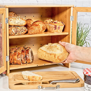 Boîte à pain en bambou Yuman 38x23x34cm avec planche à découper, rangement pour comptoir de cuisine, design moderne et simple - Product Image 3