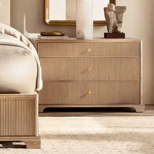 RH GENEVIEVE <strong>OAK</strong> REEDED NIGHTSTAND Light Wood <strong>Bedside</strong> <strong>Table</strong> Gold Handles Reeded Detailing Modern Apartment Bedroom Drawer - Product Image 1