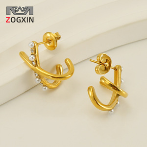 Zogxin Gold Plated Pearl Stud Earrings Geometric Design For Women Party Fashion Jewelry - Product Image 1