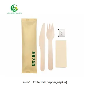 4-in-1 nội dung dao, nĩa, hạt tiêu, khăn ăn nóng mẫu mỏng Gỗ các nhà sản xuất dùng một lần bằng gỗ thiết lập dao kéo