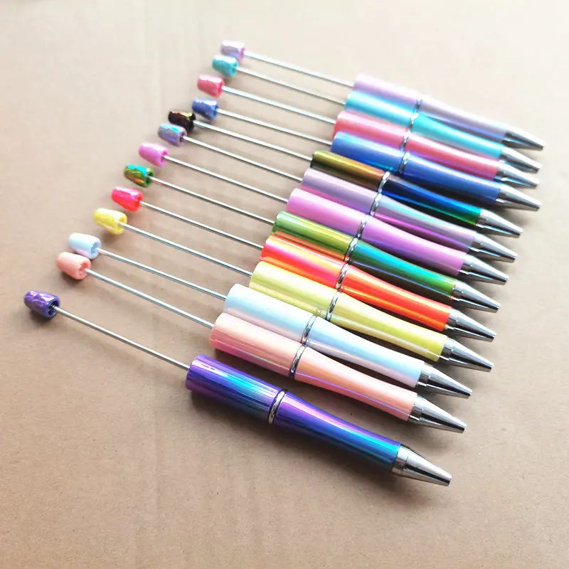 New Design Plastic Beadable Pen Bead Pen Creative DIY Glitter Shiny Beaded Pens For Kids Wedding Bridesmaid Guest Gift
