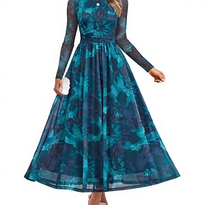 Robe longue pour femme à manches longues, coupe trapèze, avec broderie florale, col rond, taille empire, respirante, printemps/été - Product Image 3
