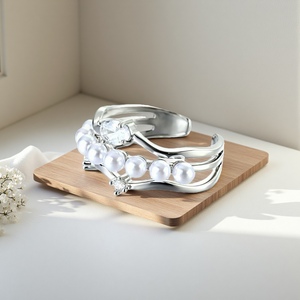 Wholesale Silver Color Multi Row Open <strong>Rings</strong> Alloy Pearls Zircon <strong>Ring</strong> Smooth <strong>Wavy</strong> Stacked Adjustable Fine Jewelry for Women Girls - Product Image 2