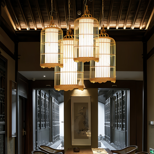 Lampadario a Gabbia di Uccelli Lungo con LED Bianco Caldo, Stile Classico Cinese Zen in Bambù, Altezza Regolabile per Sala da Pranzo, Casa e Hotel - Product Image 1