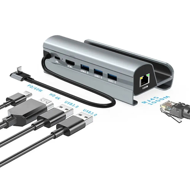 New USB Hub 3.0 4K/60Hz HDTV PD/60W RJ45/1000M 6-in-1 Multi Port USB Hub for Steam Deck Switch Tablet Phone TV Mouse